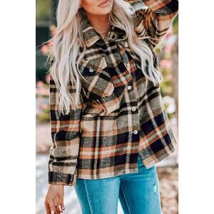 SundayUp Tan Navy Orange Plaid Button Long Sleeve Shacket M